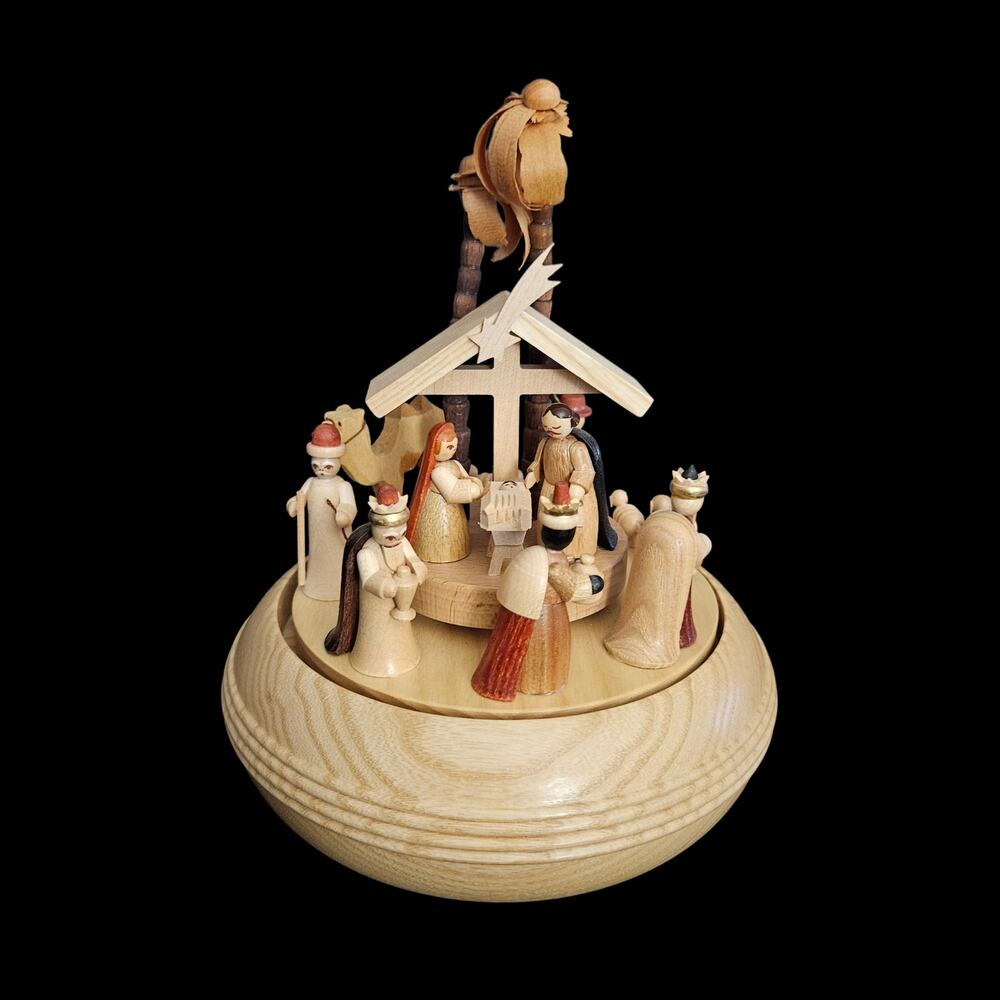 Vintage German Nativity Music Box Silent Night Wood RG Glasser